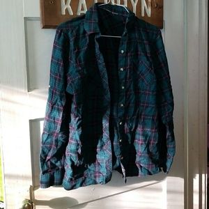 Green plaid button down top